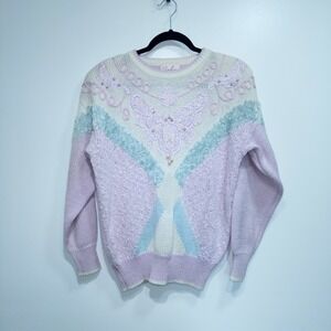 Vintage Jaclyn Smith Lavender Purple Butterfly Embroidered Beaded Sweater Medium